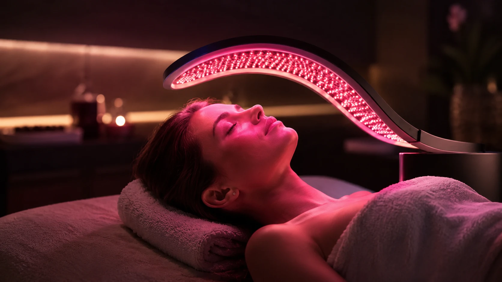 Celluma LED-lysterapi med rødt lys over ansiktet til en avslappet kunde